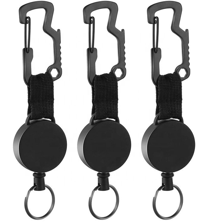 Custom Logo Stainless Steel Strong Wire Metal Retractable Badge Holder Multitool Keyring Heavy Duty Retractable Keychain
