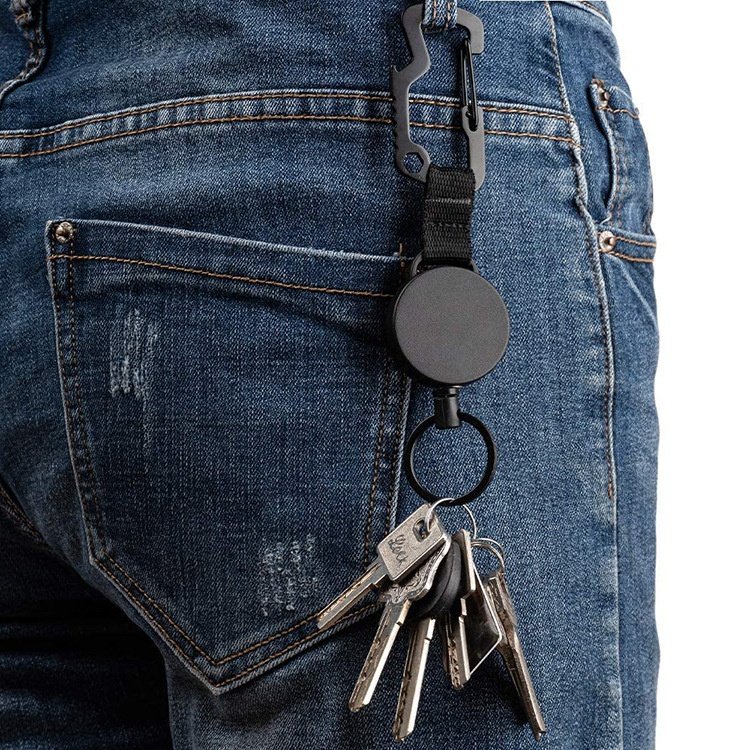 Custom Logo Stainless Steel Strong Wire Metal Retractable Badge Holder Multitool Keyring Heavy Duty Retractable Keychain