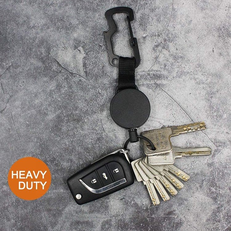 Custom Logo Stainless Steel Strong Wire Metal Retractable Badge Holder Multitool Keyring Heavy Duty Retractable Keychain