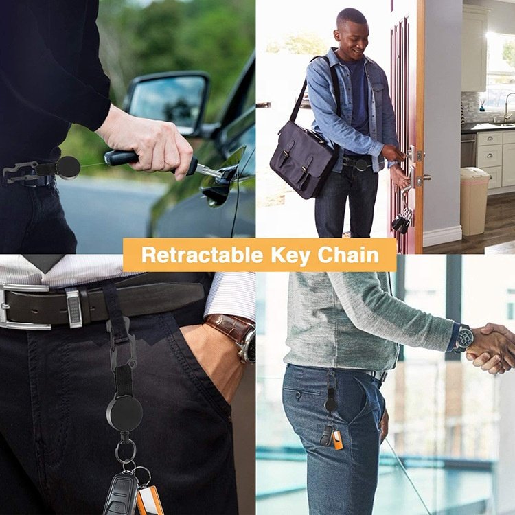 Custom Logo Stainless Steel Strong Wire Metal Retractable Badge Holder Multitool Keyring Heavy Duty Retractable Keychain