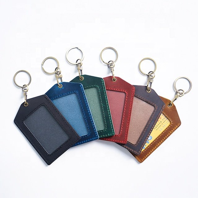 Genuine Cowhide Leather Vertical Style ID Badge Card Holder with 1 Clear ID Window & 1 Credit Card Slot and Removable Key Chain