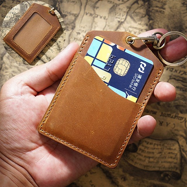 Genuine Cowhide Leather Vertical Style ID Badge Card Holder with 1 Clear ID Window & 1 Credit Card Slot and Removable Key Chain