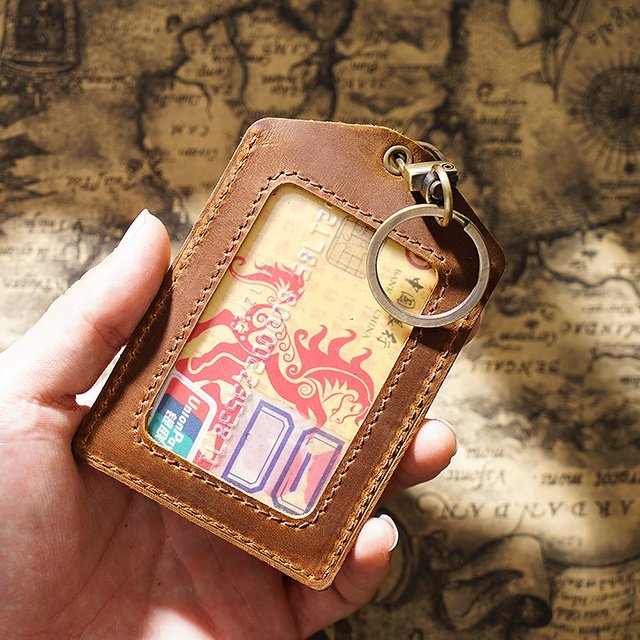 Genuine Cowhide Leather Vertical Style ID Badge Card Holder with 1 Clear ID Window & 1 Credit Card Slot and Removable Key Chain