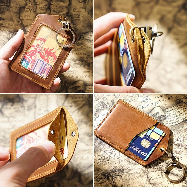Genuine Cowhide Leather Vertical Style ID Badge Card Holder with 1 Clear ID Window & 1 Credit Card Slot and Removable Key Chain