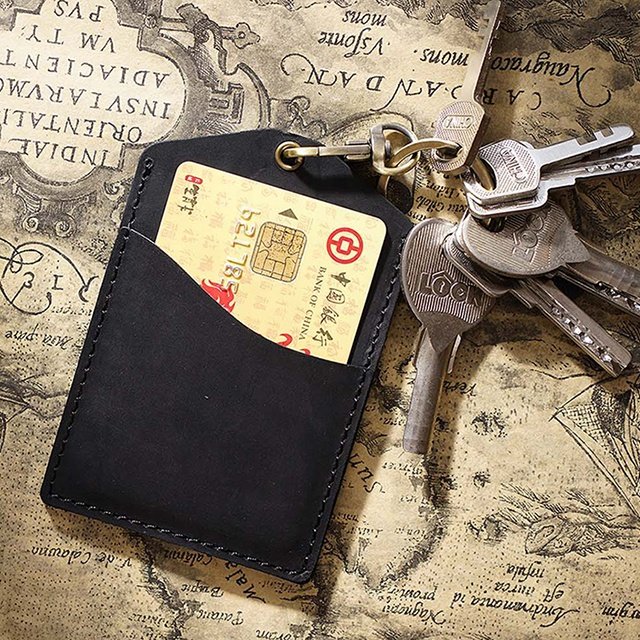 Genuine Cowhide Leather Vertical Style ID Badge Card Holder with 1 Clear ID Window & 1 Credit Card Slot and Removable Key Chain