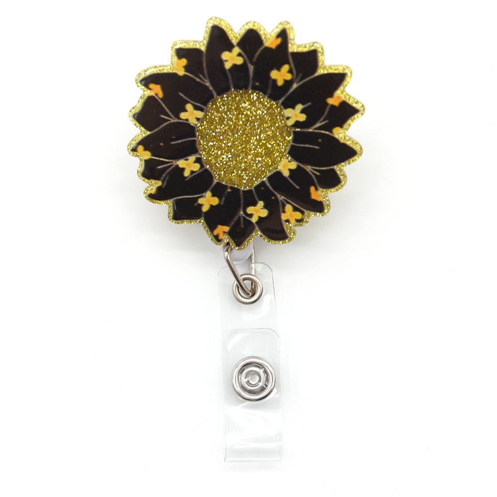 Acrylic Sunflower Badge Holder Glitter Plastic Ribbon Soccer Retractable Badge Reel For Nurse Accessories