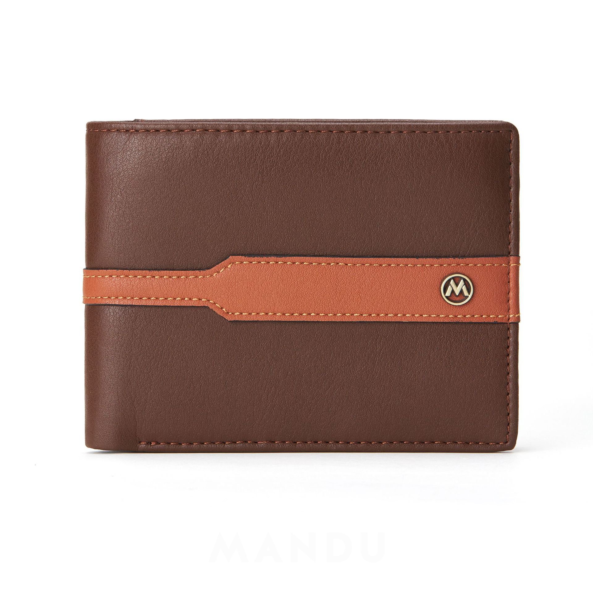 BSCI Certificate Luxury Short Genuine Leather Men Stripe Wallet OEM LOGO Customized Metal Badge Bi-Fold Wallets