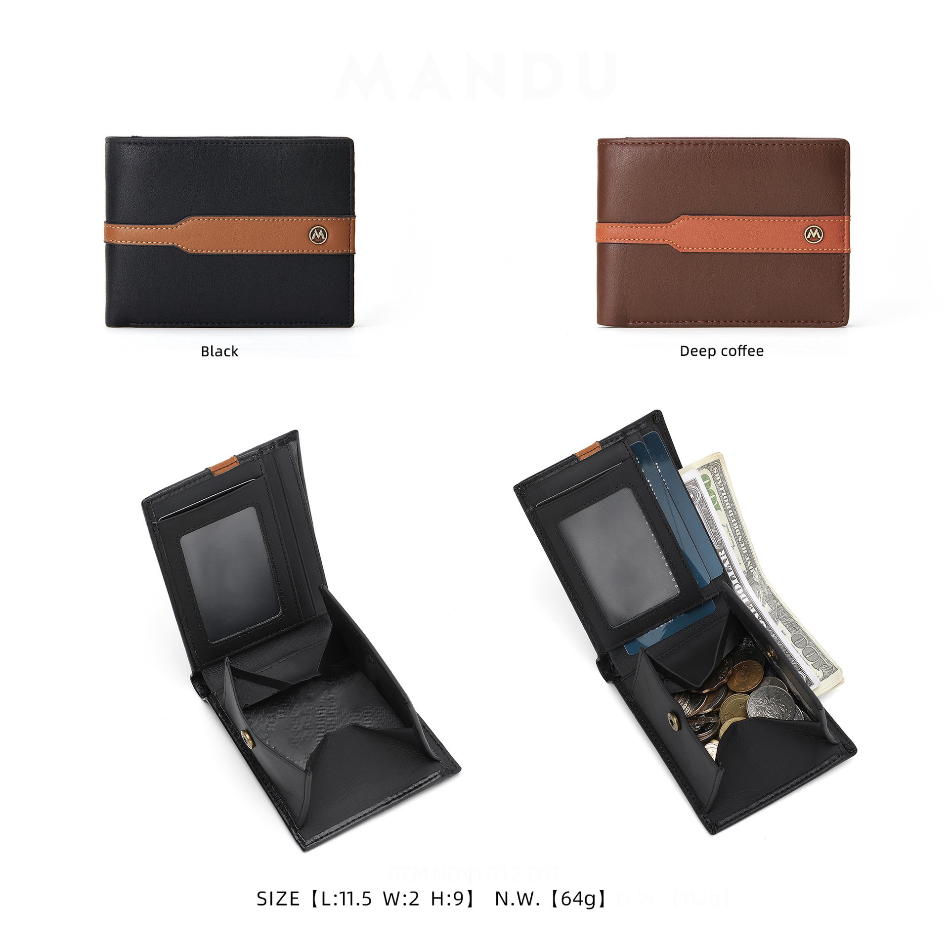 BSCI Certificate Luxury Short Genuine Leather Men Stripe Wallet OEM LOGO Customized Metal Badge Bi-Fold Wallets
