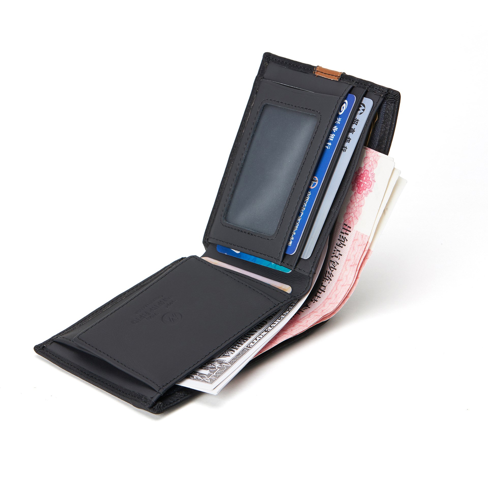 BSCI Certificate Luxury Short Genuine Leather Men Stripe Wallet OEM LOGO Customized Metal Badge Bi-Fold Wallets