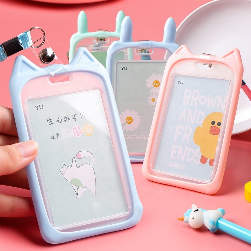 Wholesale Popular Silicone Cartoon Cute ID Credit Card Holder Bus Card Student ID Badge Holder with Lanyards