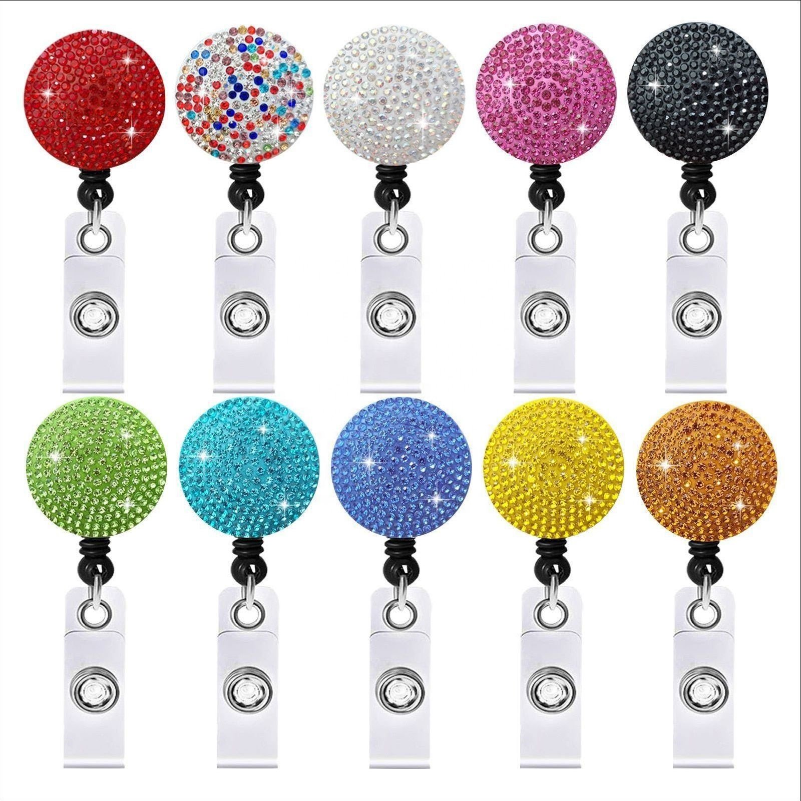 Mix Color Round Rhinestone Retractable Badge Holder Crystal Sparkly Retractable Badge Reels With Clip