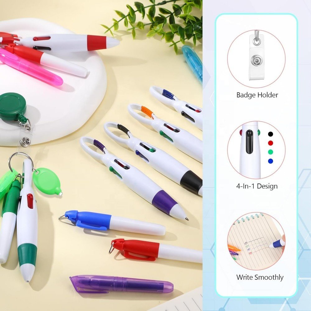 Retractable Shuttle Pen Set Badge Reel Mini Highlighter Neon Marker Pen Key Chain Flashlight Retractable Badge Reel Badge Holder