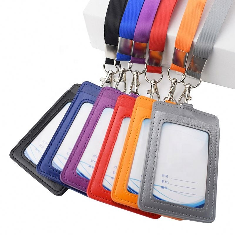 Premium Durable PU Leather ID Badge Name Card Holder With Neck Straps Lanyards