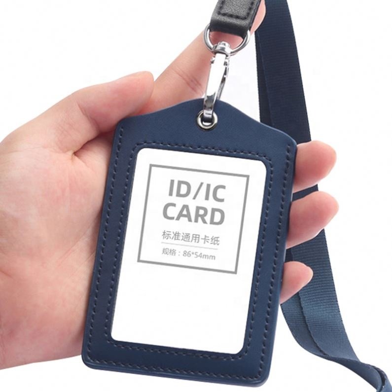 Premium Durable PU Leather ID Badge Name Card Holder With Neck Straps Lanyards