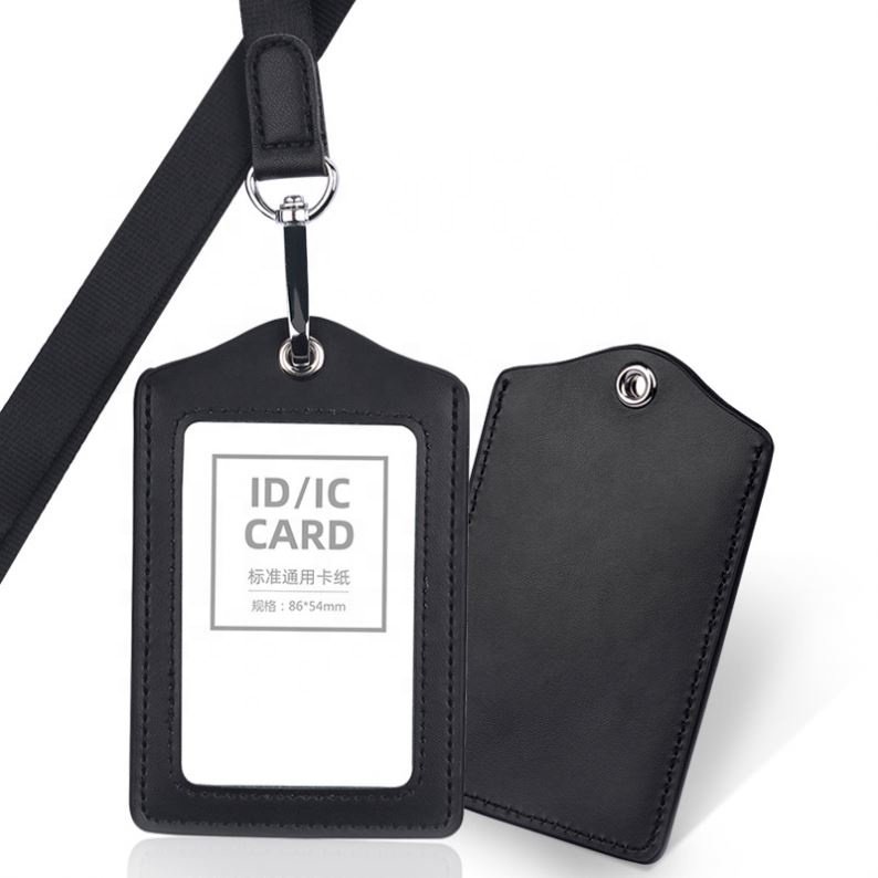 Premium Durable PU Leather ID Badge Name Card Holder With Neck Straps Lanyards