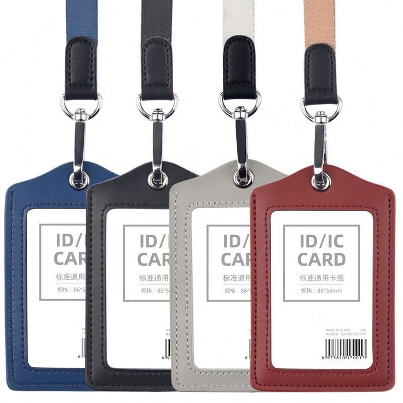 Premium Durable PU Leather ID Badge Name Card Holder With Neck Straps Lanyards