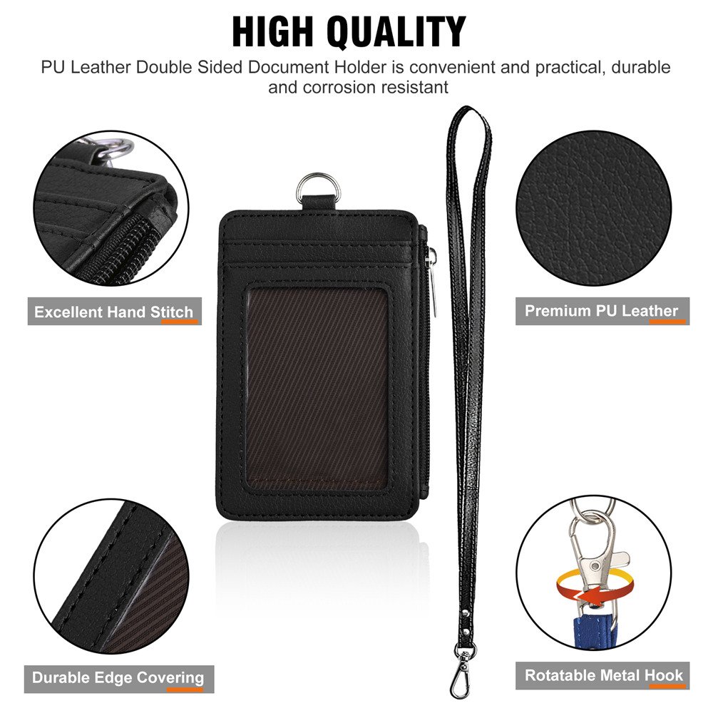 Wholesale Vertical Style Durable PU Leather Credit Card Holder and Zipper Pocket Business Design ID Badge Holder with Lanyard