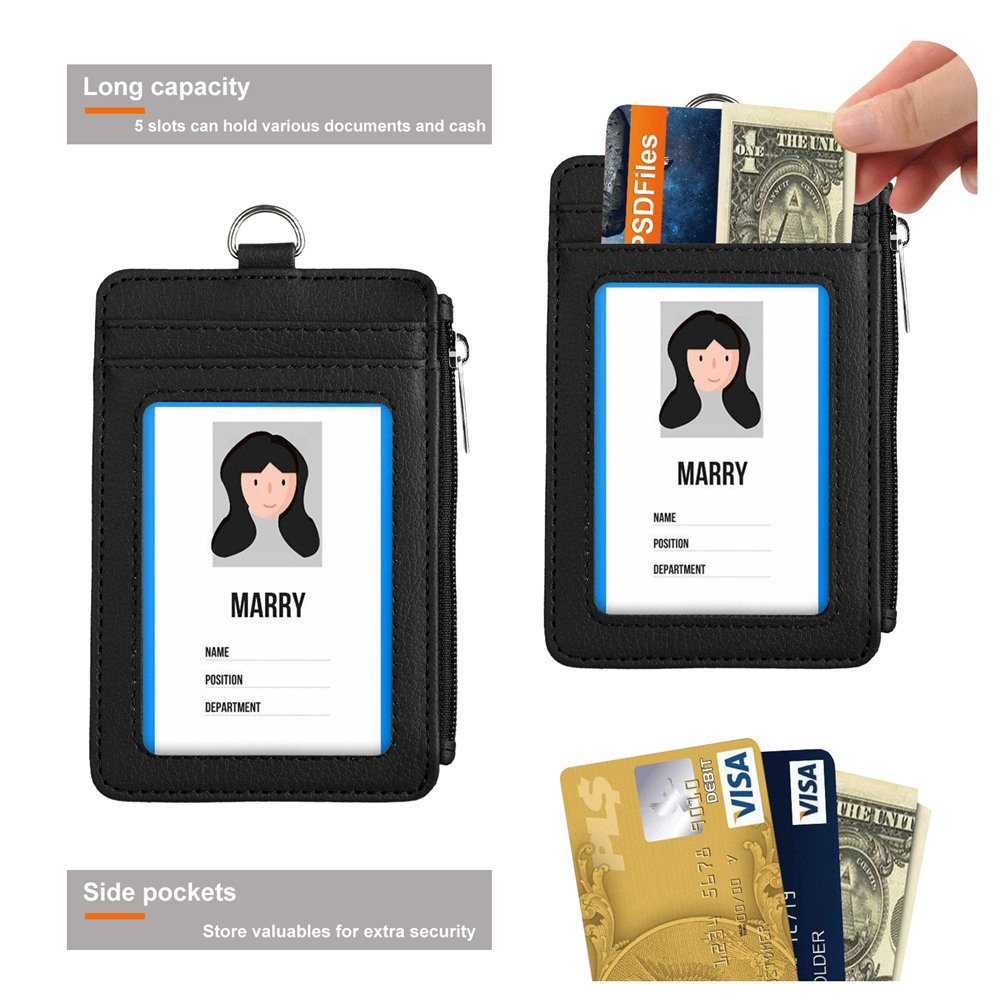 Wholesale Vertical Style Durable PU Leather Credit Card Holder and Zipper Pocket Business Design ID Badge Holder with Lanyard