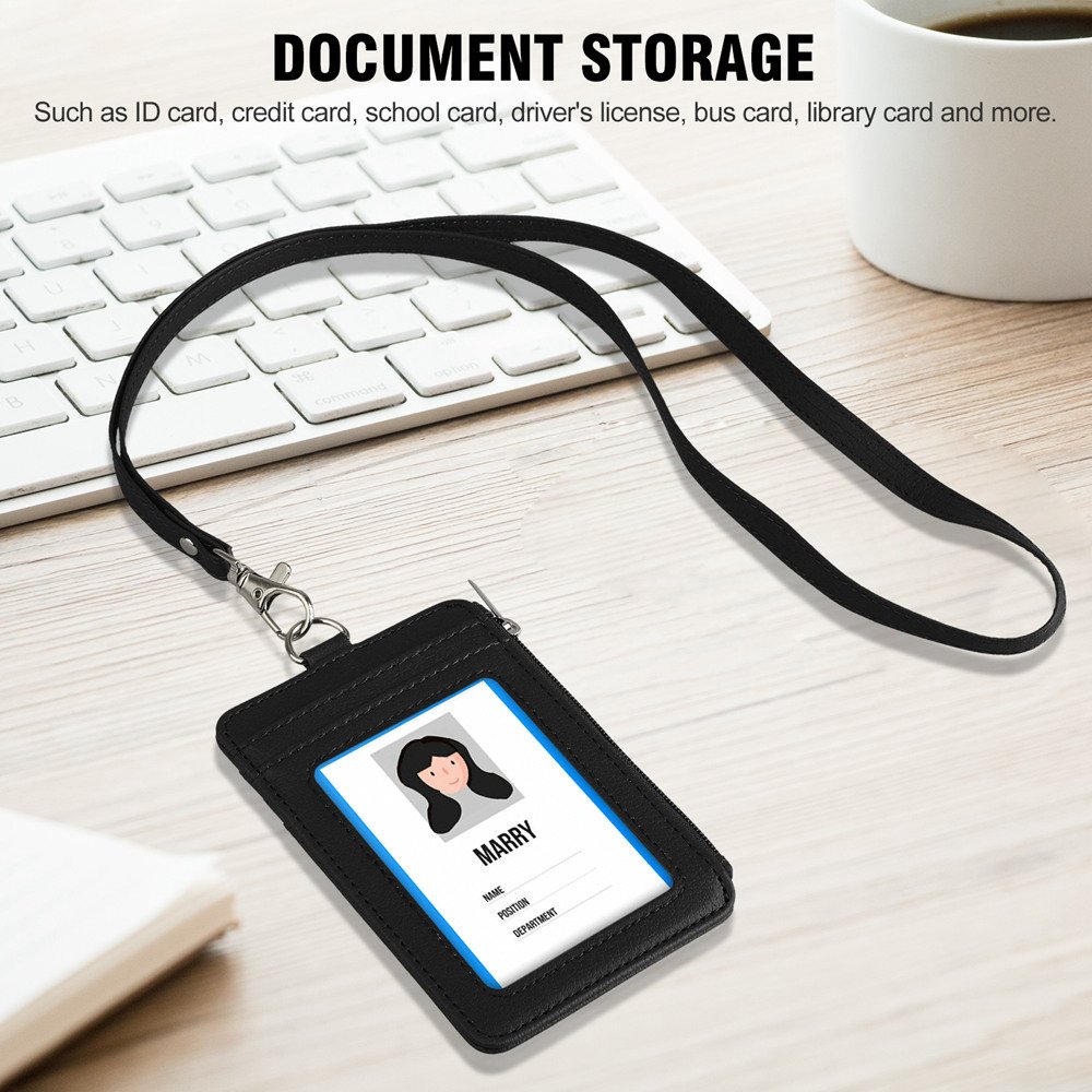 Wholesale Vertical Style Durable PU Leather Credit Card Holder and Zipper Pocket Business Design ID Badge Holder with Lanyard
