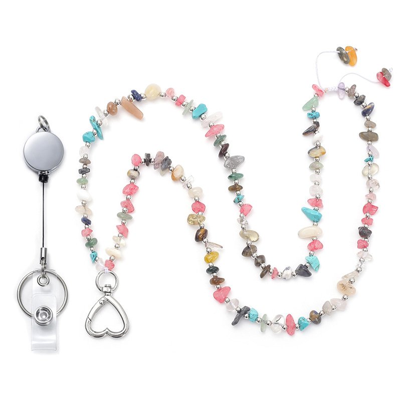 Customized Badge Work Card Heart-shaped Buckle Teacher Holder Natural Stone Beaded Lanyard Necklace