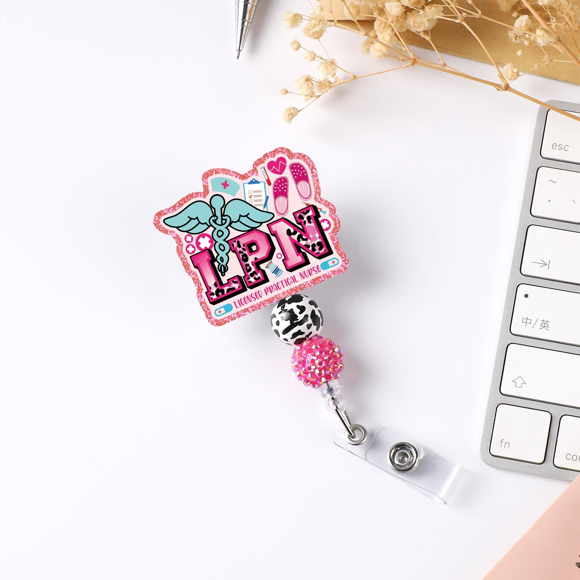 Cute Beads RN LPN CNA Acrylic Nurse Accessories ID Name Card Holder Retractable Badge Reel Badge Holder