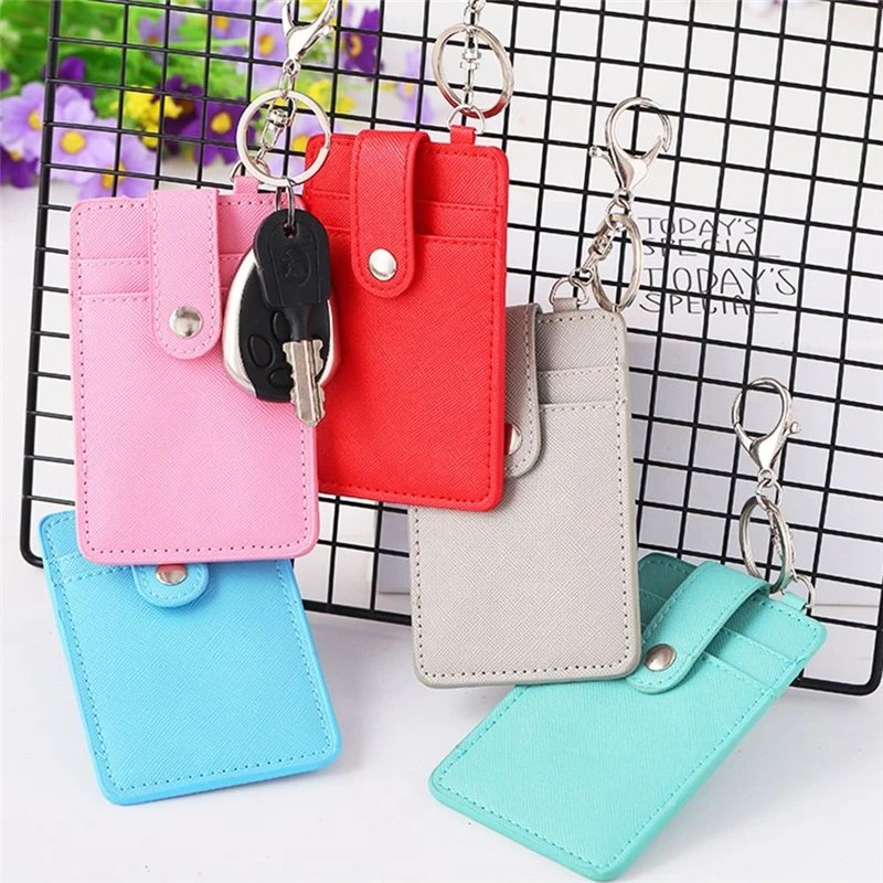 PU Leather Badge Holder Office Key Ring ID Card Holder Men Women Mini Wallet 3-Slot Credit Bus Card Bag Travel Accessories Hot