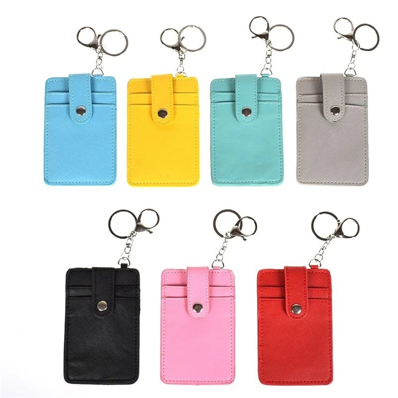 PU Leather Badge Holder Office Key Ring ID Card Holder Men Women Mini Wallet 3-Slot Credit Bus Card Bag Travel Accessories Hot