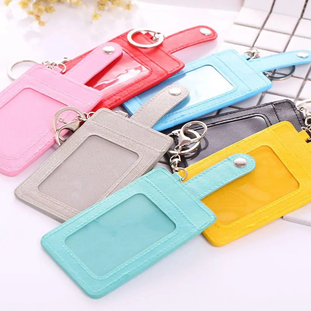PU Leather Badge Holder Office Key Ring ID Card Holder Men Women Mini Wallet 3-Slot Credit Bus Card Bag Travel Accessories Hot