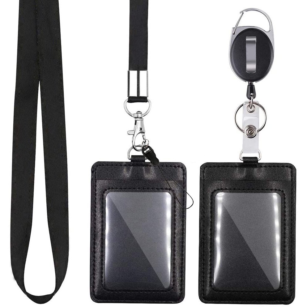 Leather Retractable Credit Card Wallet Case with Neck Lanyards for ID Badges