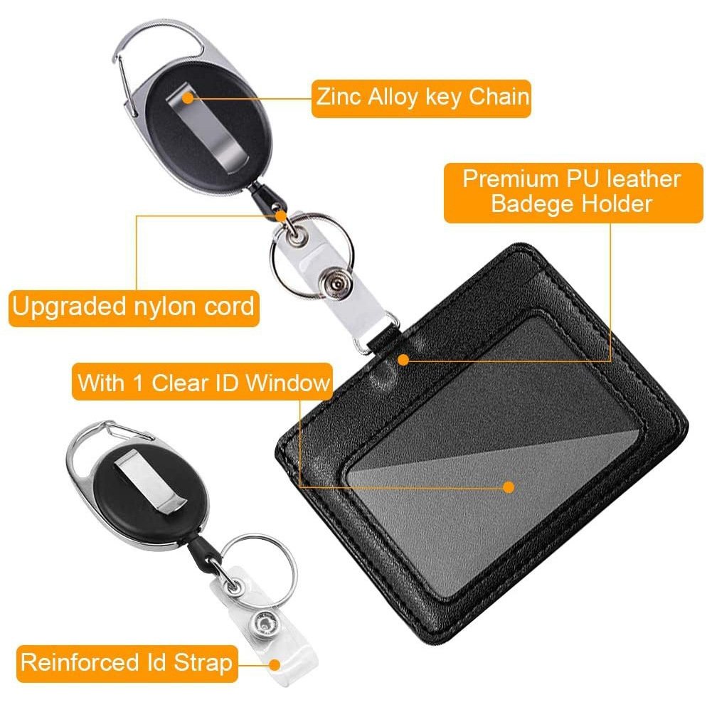 Leather Retractable Credit Card Wallet Case with Neck Lanyards for ID Badges