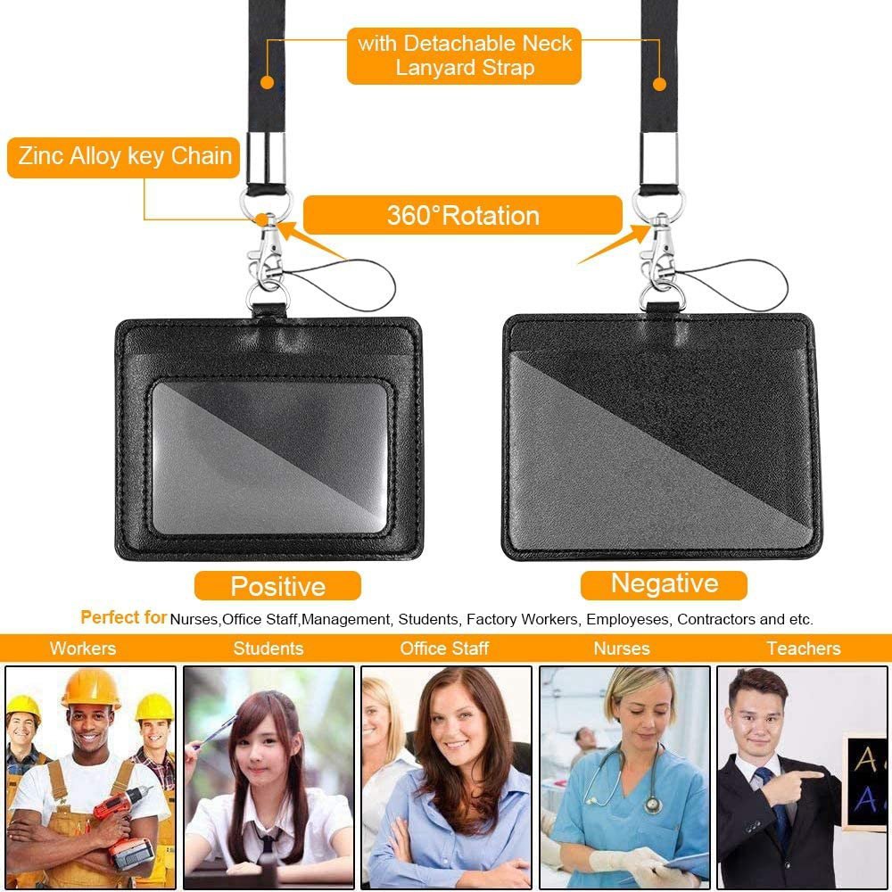 Leather Retractable Credit Card Wallet Case with Neck Lanyards for ID Badges