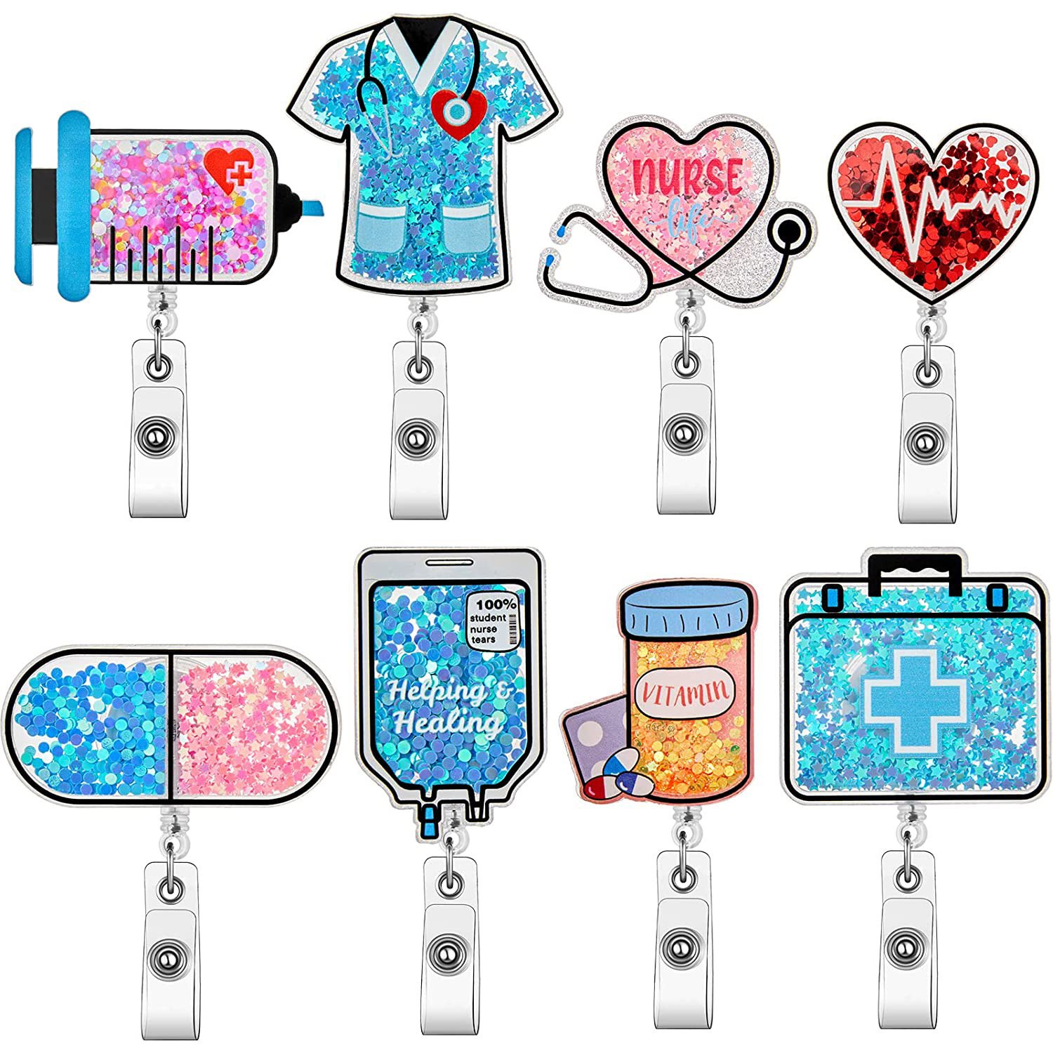 Wholesale Cute Glitter Floater Acrylic Retractable Badge Holder Pull Reel Hospital Nurse Popular Decorative Badge Reel