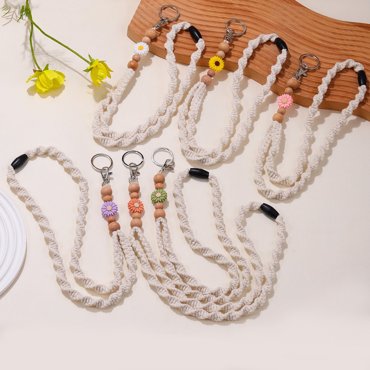 Fashion Daisy Teacher Lanyard Breakaway ID Holder Beaded Badge Accessory Key Fob Necklace Spring Silicone Beaded Lanyard