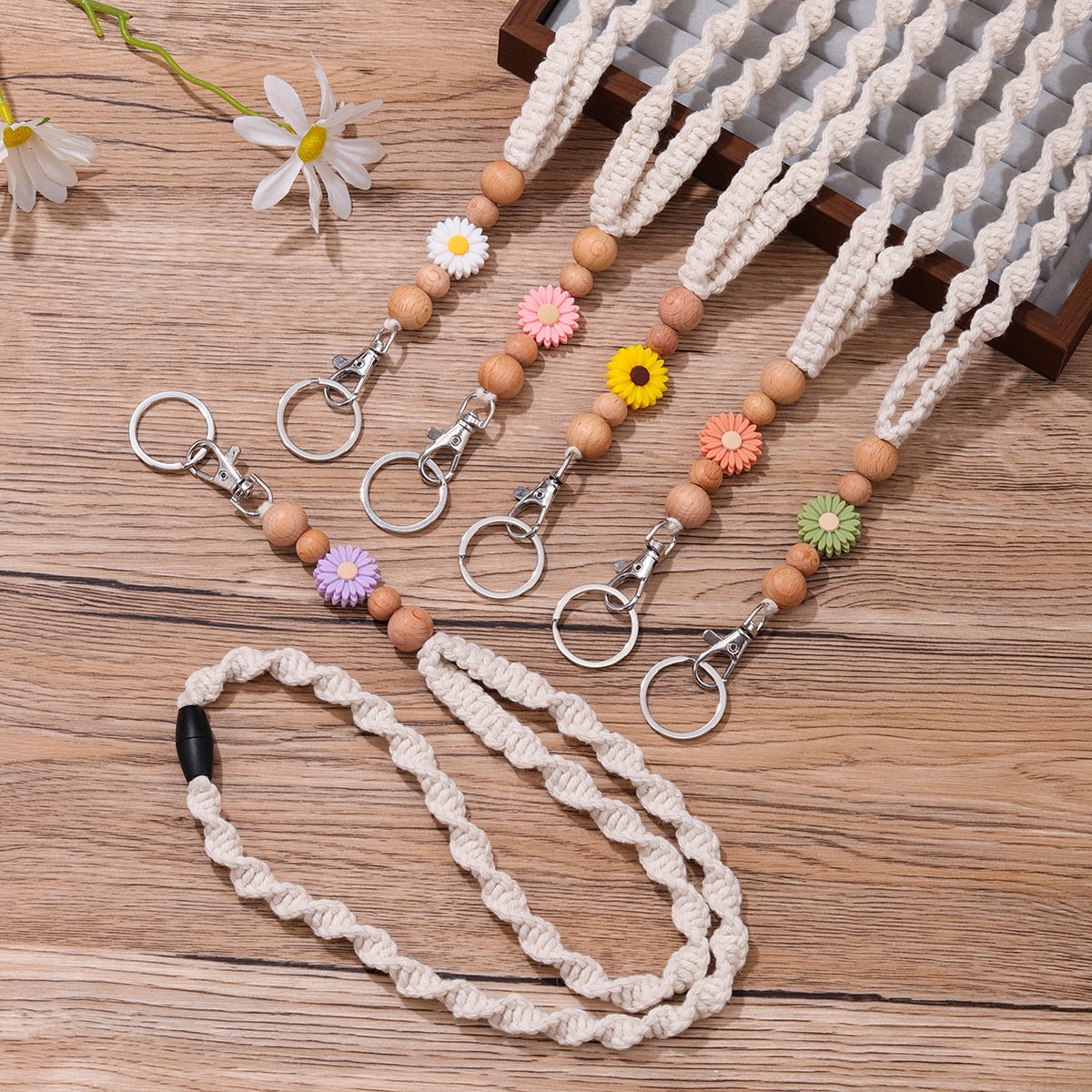 Fashion Daisy Teacher Lanyard Breakaway ID Holder Beaded Badge Accessory Key Fob Necklace Spring Silicone Beaded Lanyard