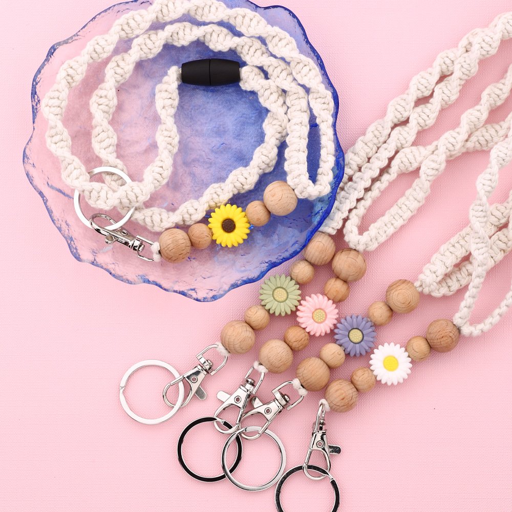 Fashion Daisy Teacher Lanyard Breakaway ID Holder Beaded Badge Accessory Key Fob Necklace Spring Silicone Beaded Lanyard