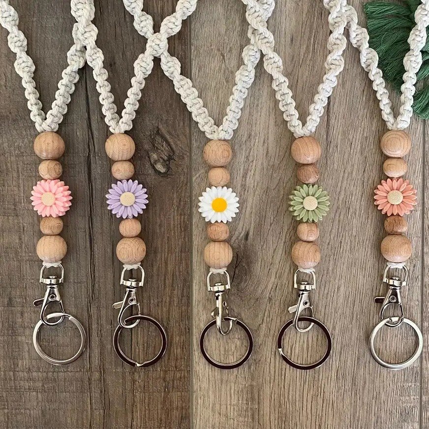 Fashion Daisy Teacher Lanyard Breakaway ID Holder Beaded Badge Accessory Key Fob Necklace Spring Silicone Beaded Lanyard