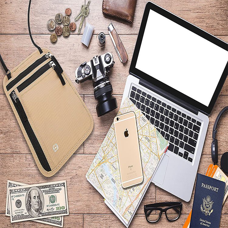 QQgift Custom Nylon RFID Blocking security Travel Conference Neck Wallet Pouch Passport badge Holder organizer bag for travel