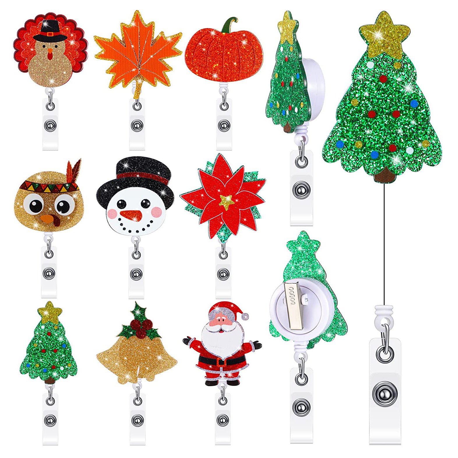 Christmas Glitter Acrylic Badge Roll Holder Santa Snowman Bell Retractable Rotating Alligator Clip