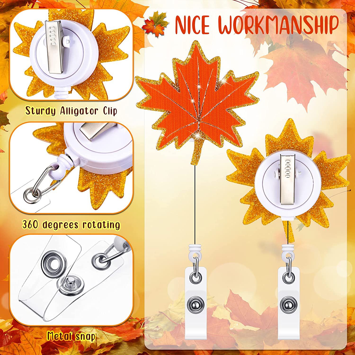 Christmas Glitter Acrylic Badge Roll Holder Santa Snowman Bell Retractable Rotating Alligator Clip
