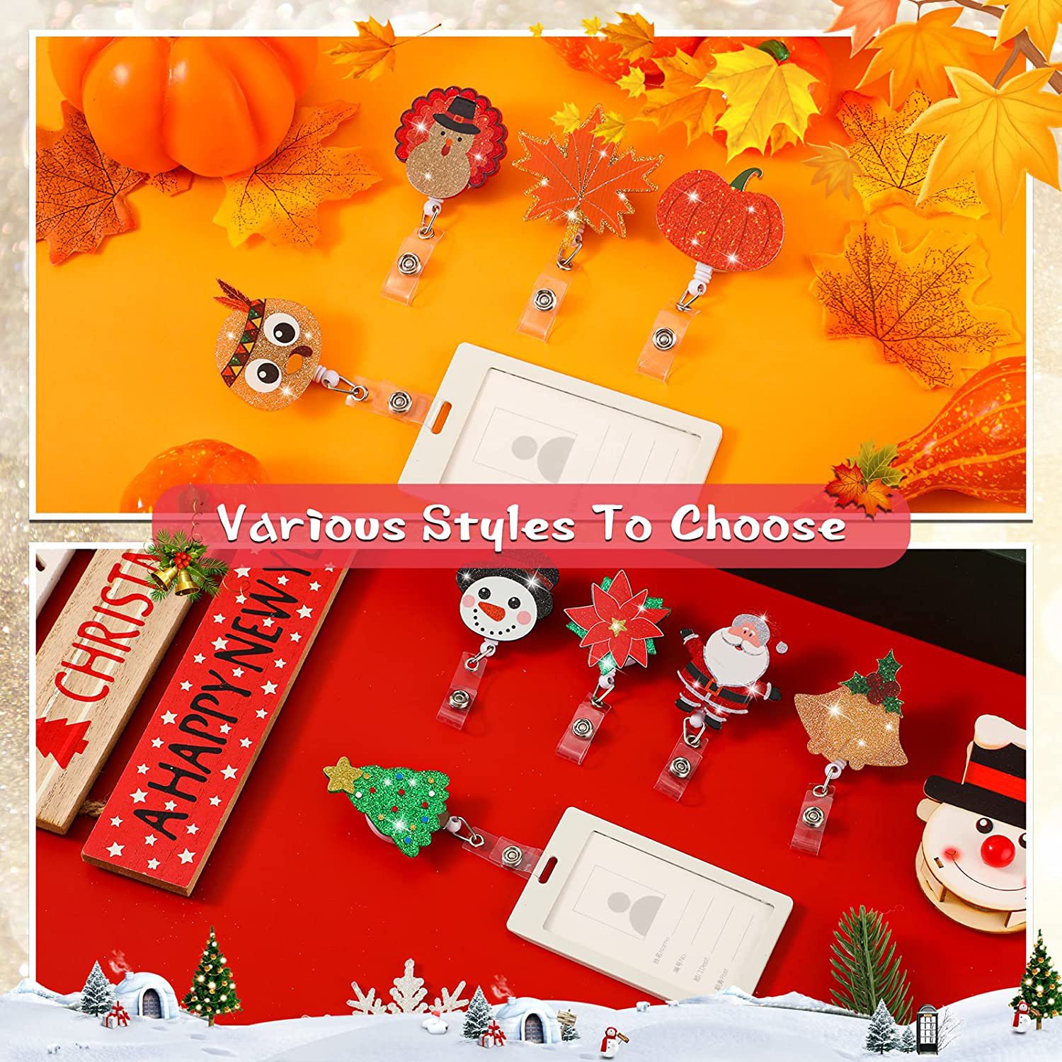 Christmas Glitter Acrylic Badge Roll Holder Santa Snowman Bell Retractable Rotating Alligator Clip