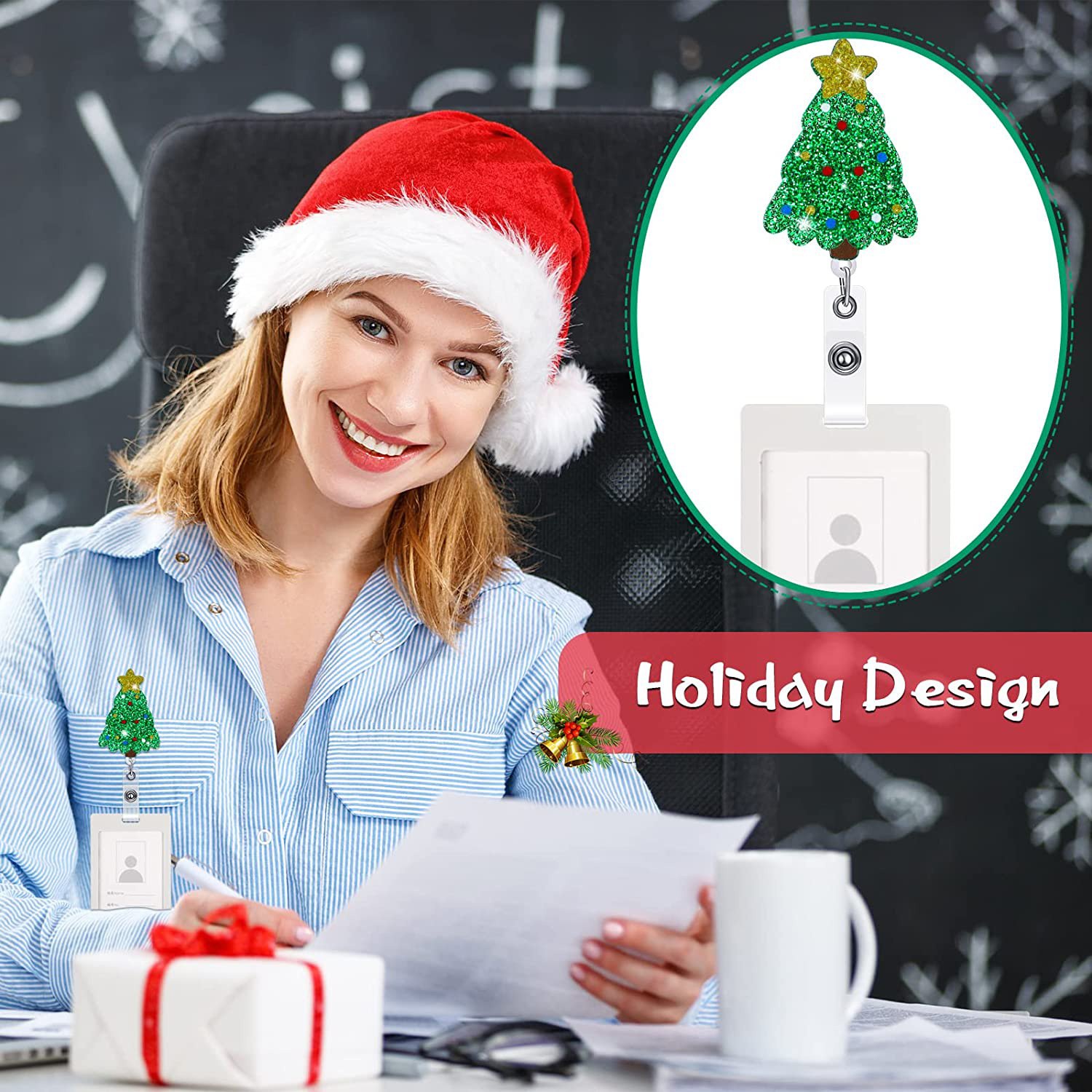 Christmas Glitter Acrylic Badge Roll Holder Santa Snowman Bell Retractable Rotating Alligator Clip
