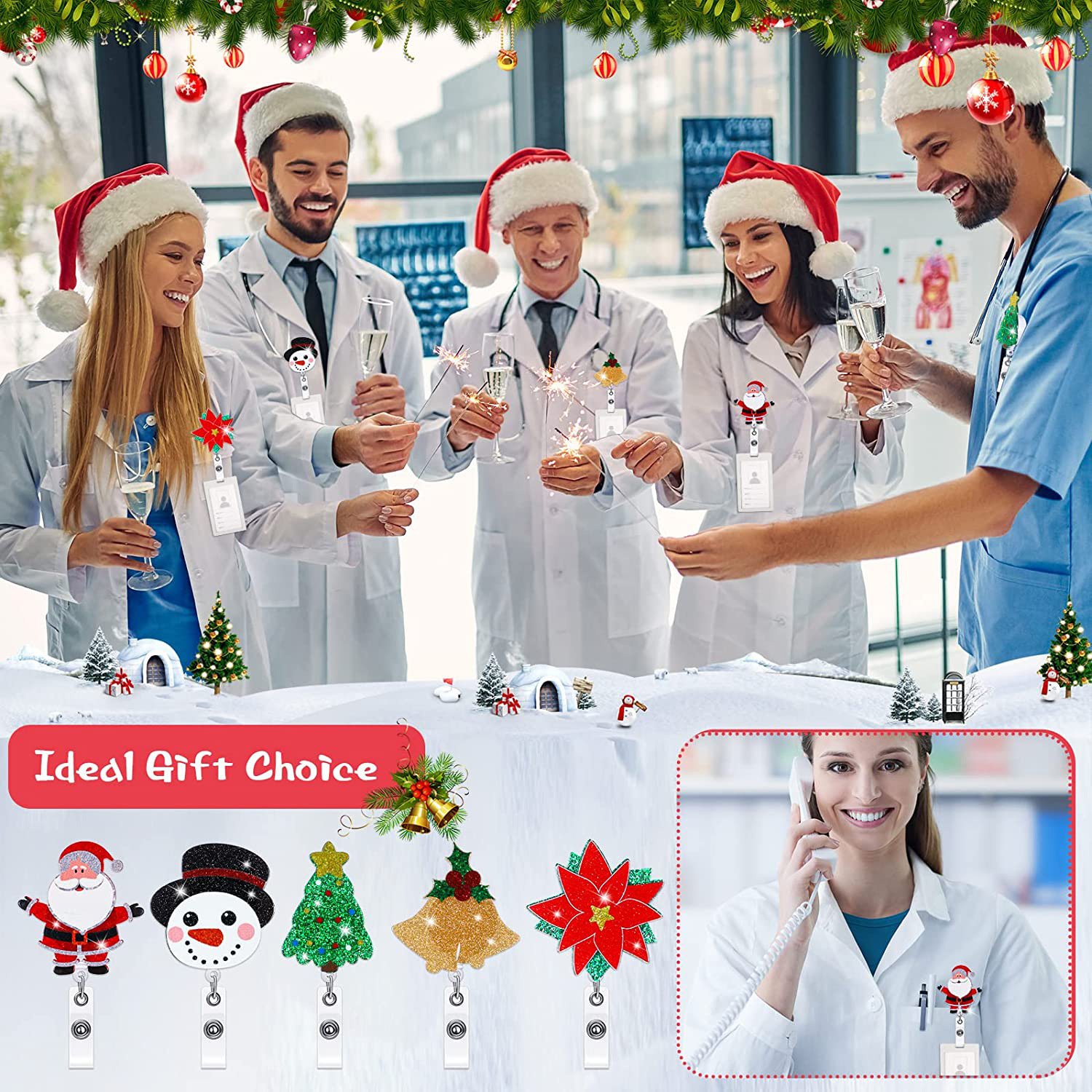 Christmas Glitter Acrylic Badge Roll Holder Santa Snowman Bell Retractable Rotating Alligator Clip