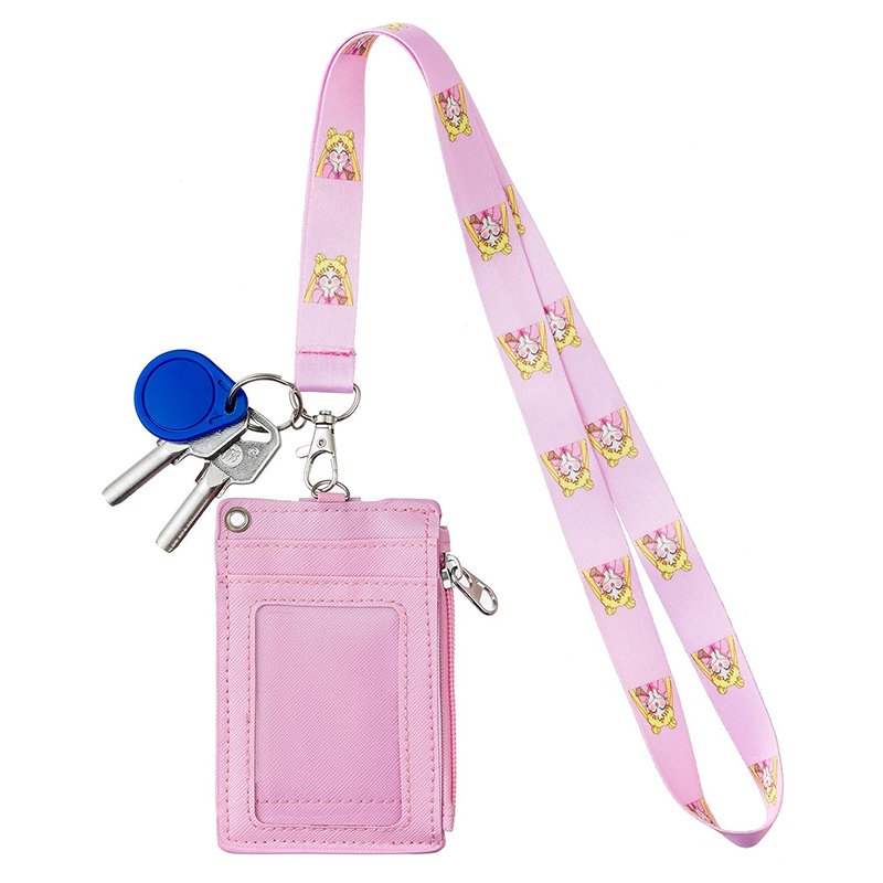 2-Sided 5 Card Slots Zippered Pocket Keychain Lanyard Anime Girl PU Leather Wallet ID Card Badge Holder