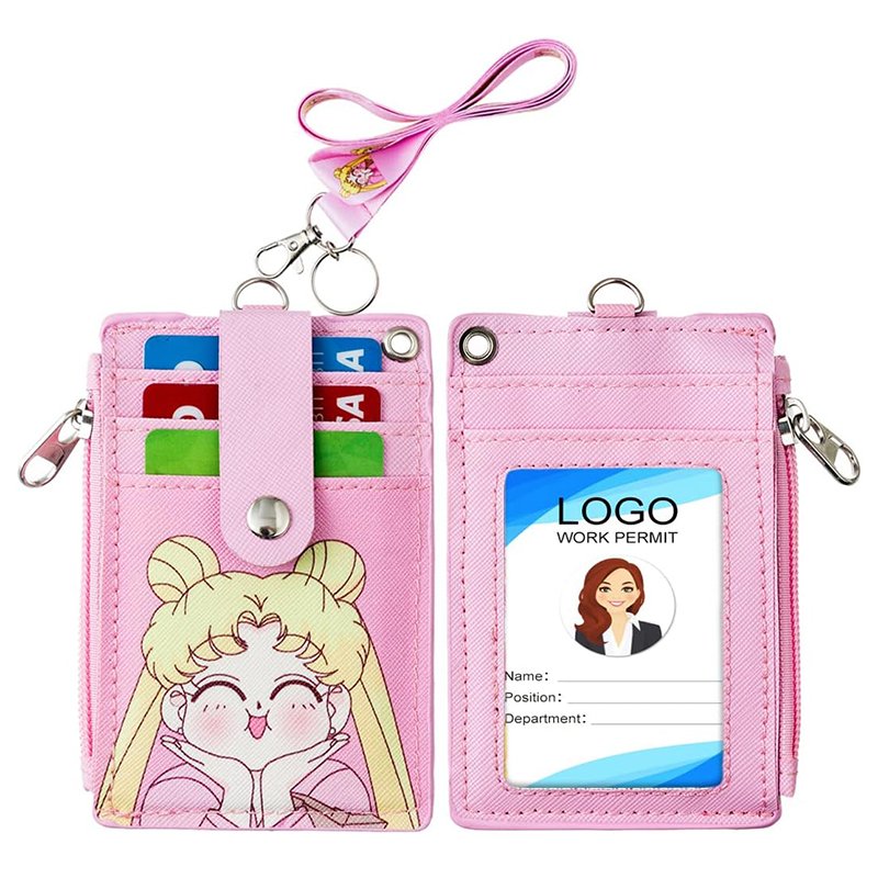 2-Sided 5 Card Slots Zippered Pocket Keychain Lanyard Anime Girl PU Leather Wallet ID Card Badge Holder