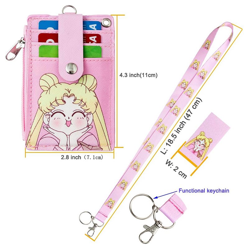 2-Sided 5 Card Slots Zippered Pocket Keychain Lanyard Anime Girl PU Leather Wallet ID Card Badge Holder
