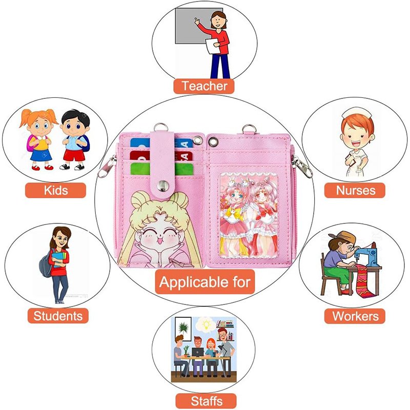 2-Sided 5 Card Slots Zippered Pocket Keychain Lanyard Anime Girl PU Leather Wallet ID Card Badge Holder