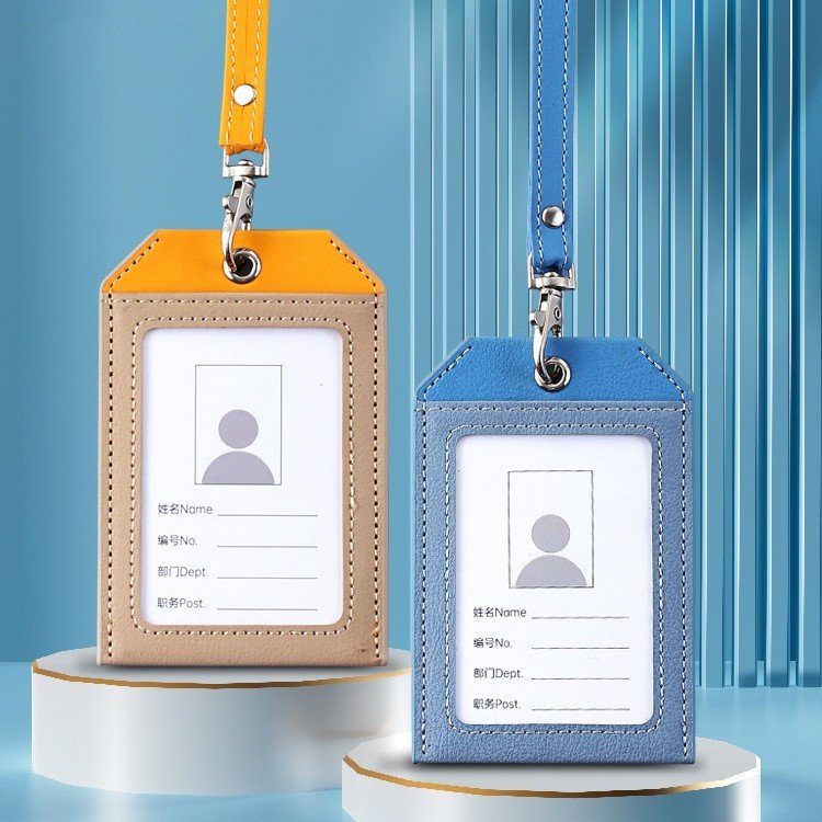 New Color Matching Design Vertical Name Badge Holder Custom Logo PU Leather Slim ID Card Holder