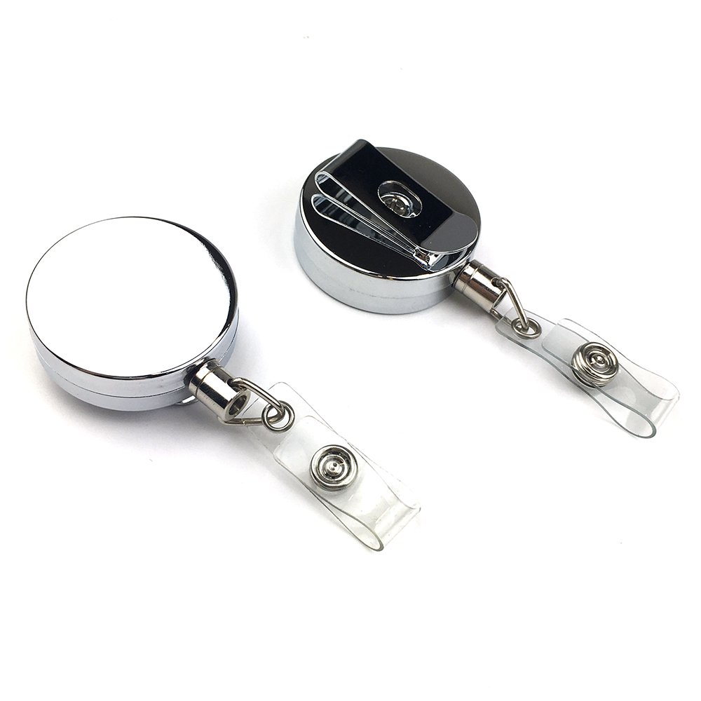Custom logo retractable metal id Badge Holder Pull reel metal accessories for Name Card Keychain