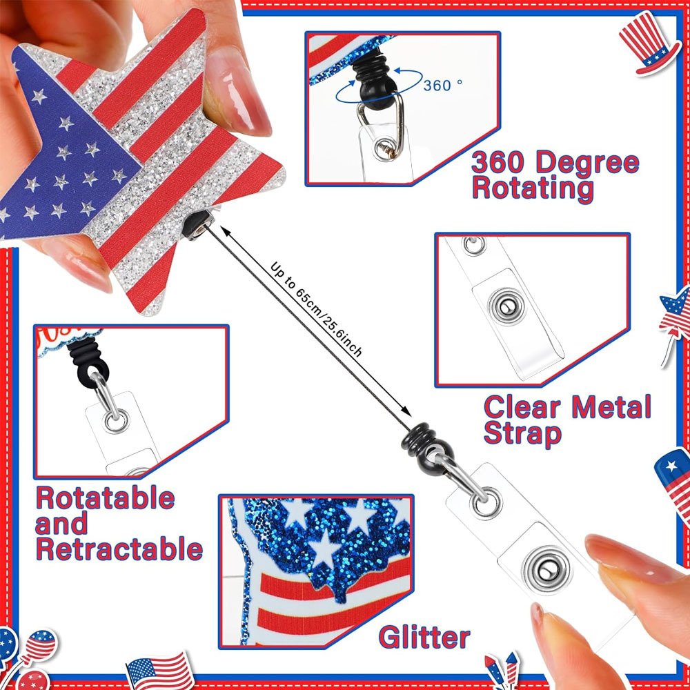 Custom Acrylic Independence Day Nurse Accessories ID Card Holder Flag Retractable Badge Reel With Clip