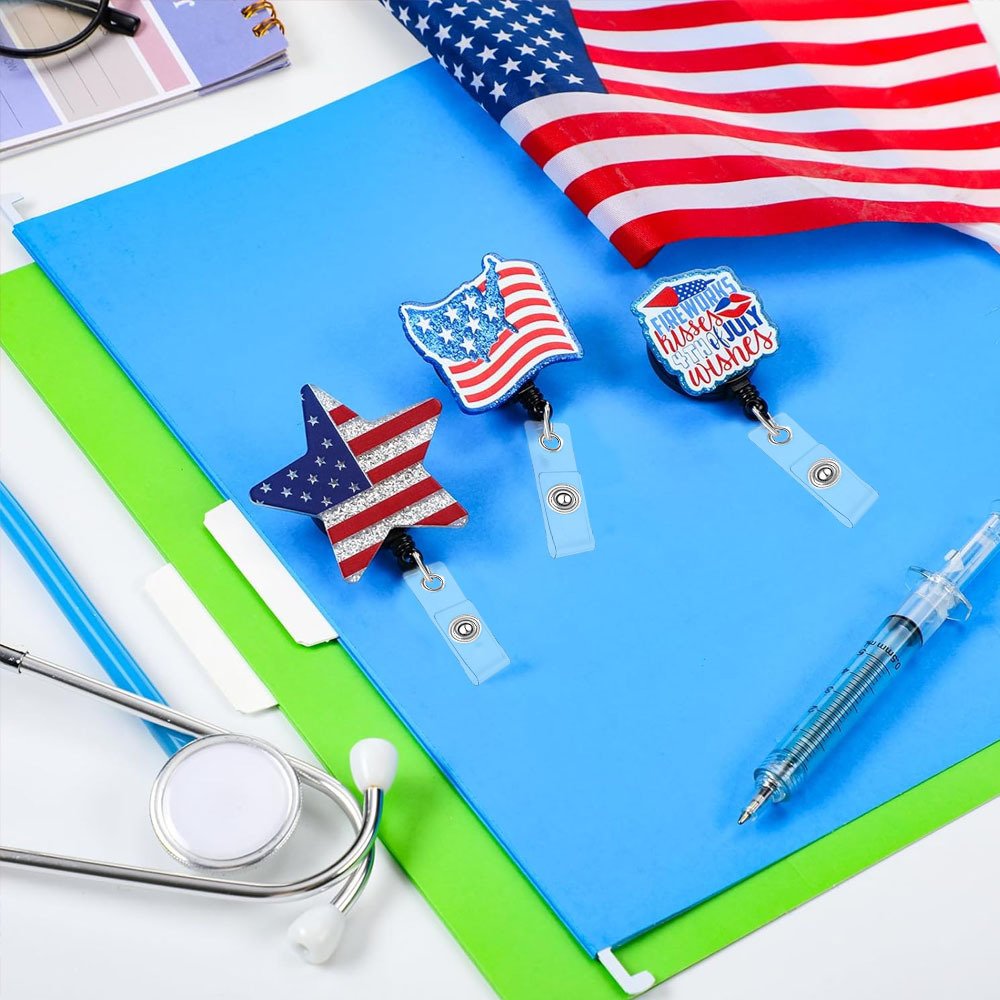Custom Acrylic Independence Day Nurse Accessories ID Card Holder Flag Retractable Badge Reel With Clip